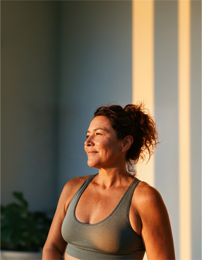 Femme souriante, de profil, dans la lumière du soir
