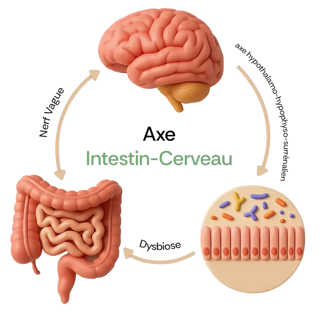 Schéma de l'axe intestin-cerveau : le cerveau, l'intestin et la flore intestinale reliés par le nerf vague