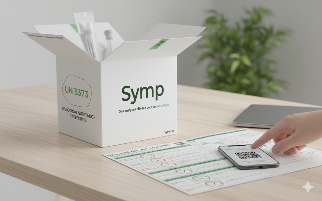 Le kit Symp ouvert sur une table, avec ses tubes de prélèvement et le résumé des analyses